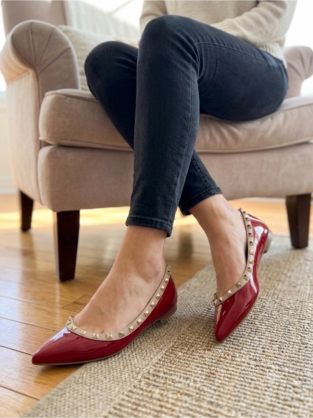 Valentino Red Patent Pointed Toe Rockstud Flats with Tan Trim size 40